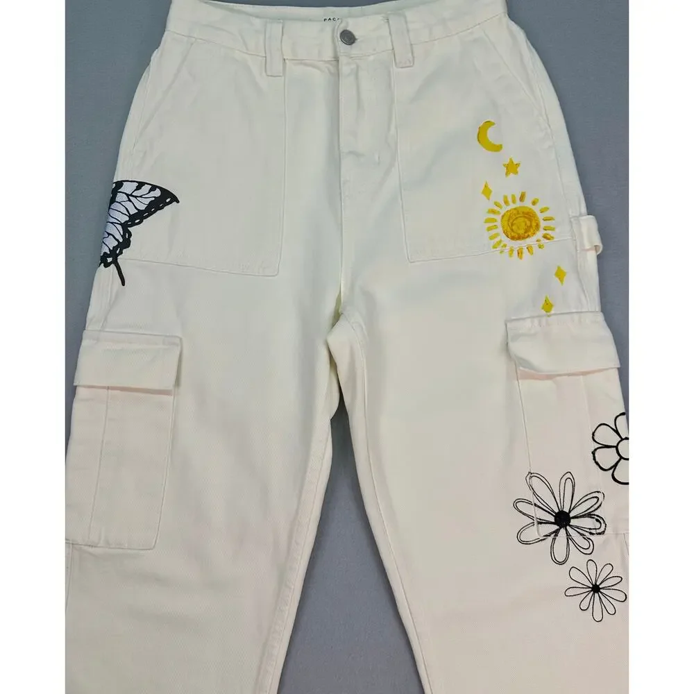 PacSun Sketchbook High Rise Carpenter Cargo Jeans Cream Graphic Doodle Size 27 - Picture 4 of 12